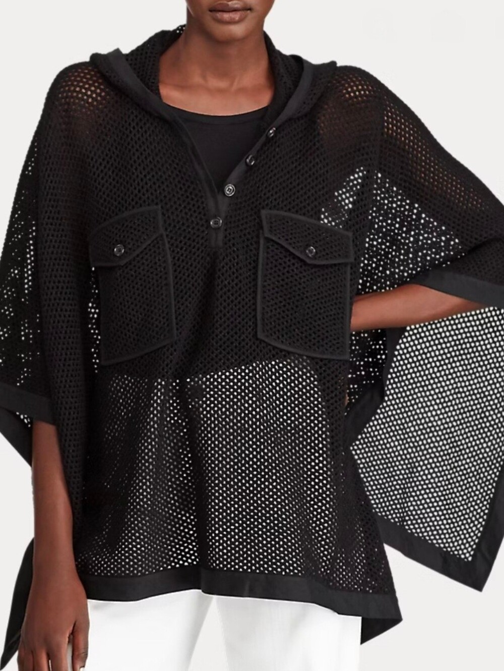 $1090 Ralph Lauren Purple Label ITALY yarn Sheer Hoodie Cover up Cape Poncho M/L